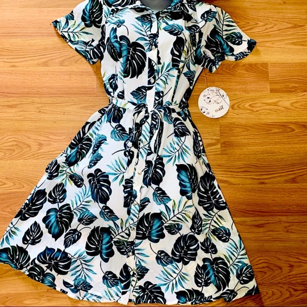 Naïf tropical blue white dress party dress